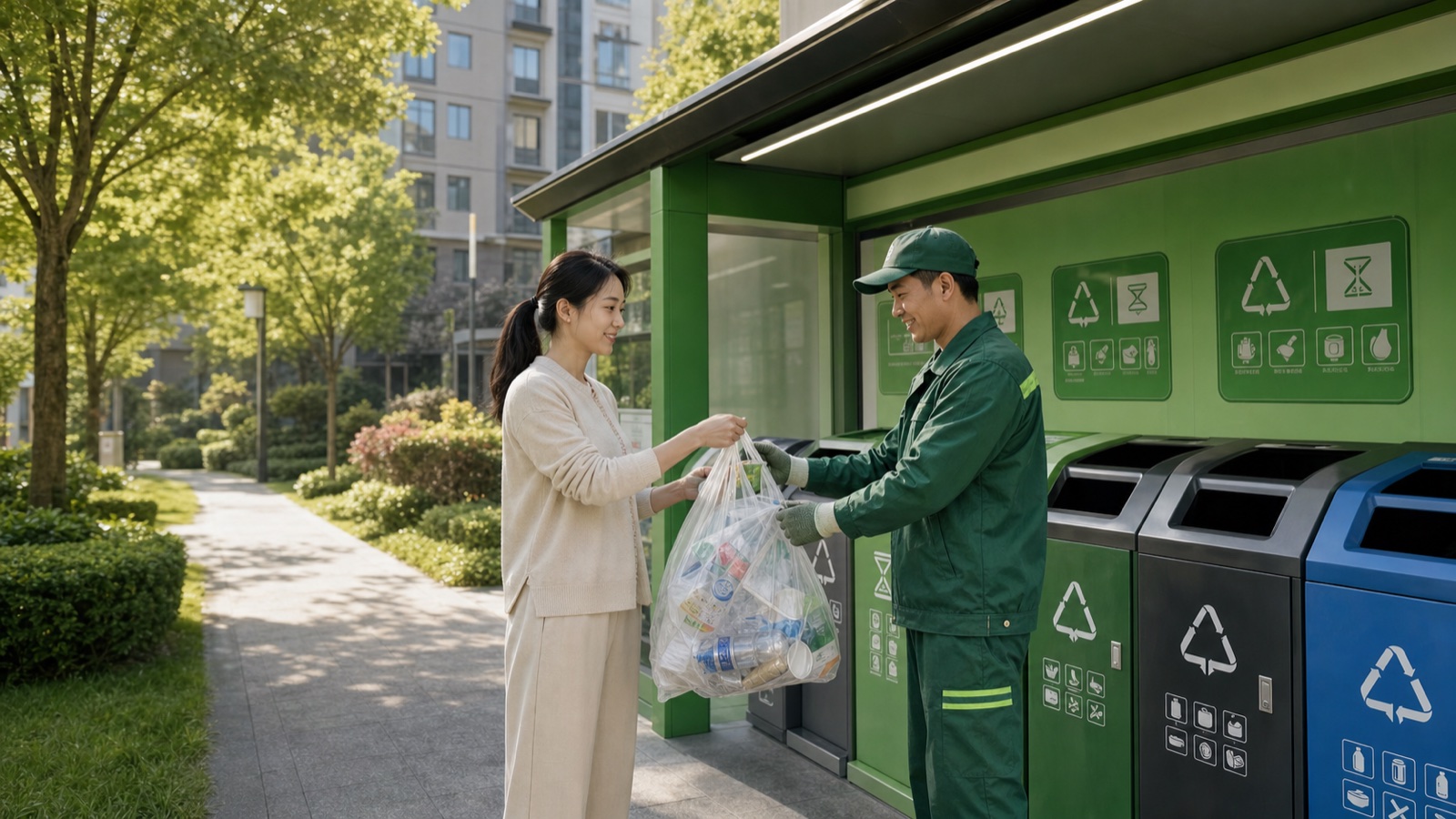 社区居民与回收服务人员交投可回收物场景示意图