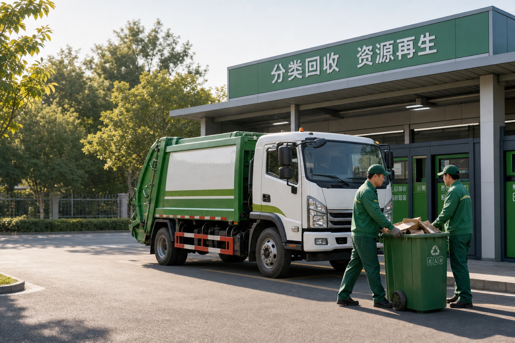 园区资源回收车辆与工作人员场景示意图
